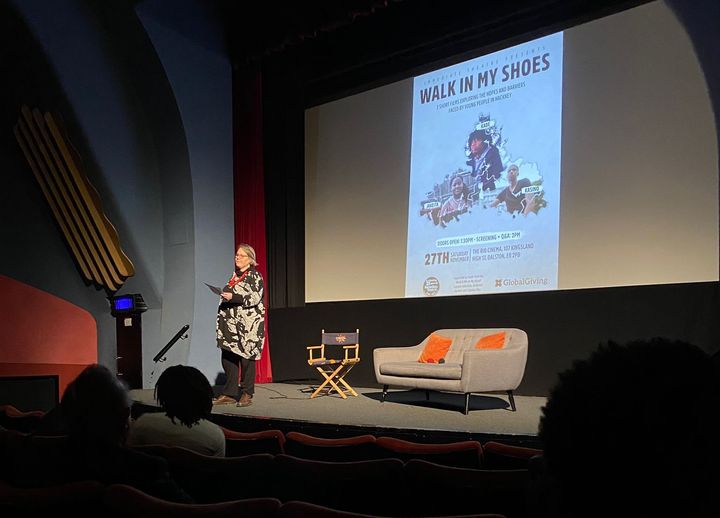 Jo introduces the Walk in My Shoes films at the Rio Cinema in Dalston, November 2021