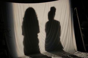 Two shadows cast on a white sheet